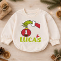 Custom Name 1st Christmas Baby Romper, Personalized Ornament Number One Holiday Outfit, My First Birthday Christmas Gift — product view 1