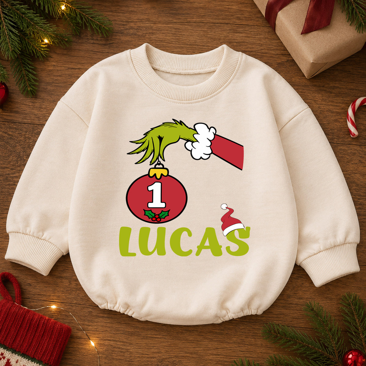 Custom Name 1st Christmas Baby Romper, Personalized Ornament Number One Holiday Outfit, My First Birthday Christmas Gift — product view 2
