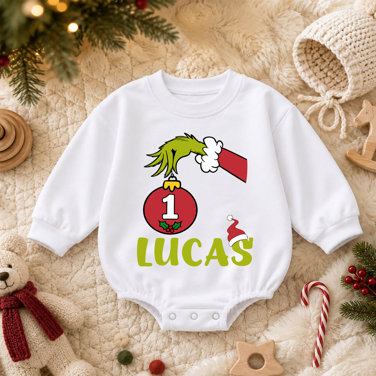 Custom Name 1st Christmas Baby Romper, Personalized Ornament Number One Holiday Outfit, My First Birthday Christmas Gift — product view 3