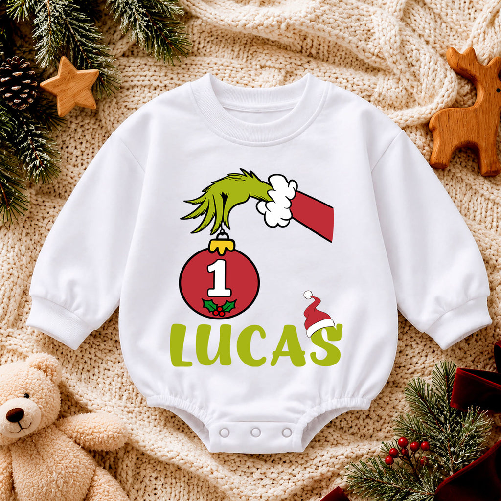 Custom Name 1st Christmas Baby Romper, Personalized Ornament Number One Holiday Outfit, My First Birthday Christmas Gift — product view 4