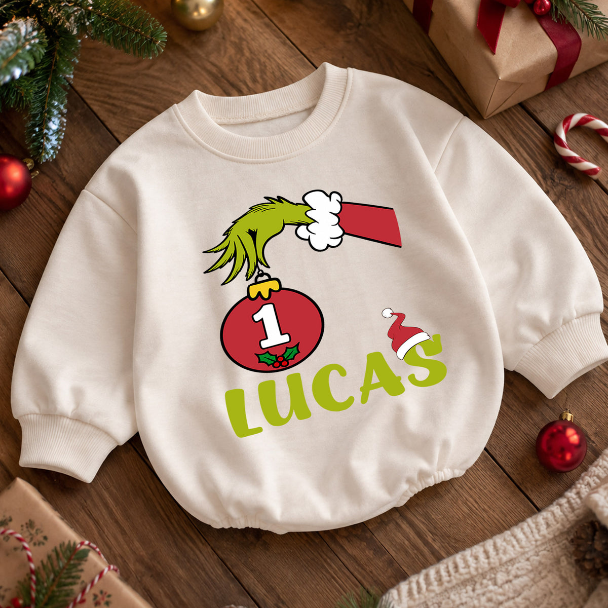 Custom Name 1st Christmas Baby Romper, Personalized Ornament Number One Holiday Outfit, My First Birthday Christmas Gift — product view 5
