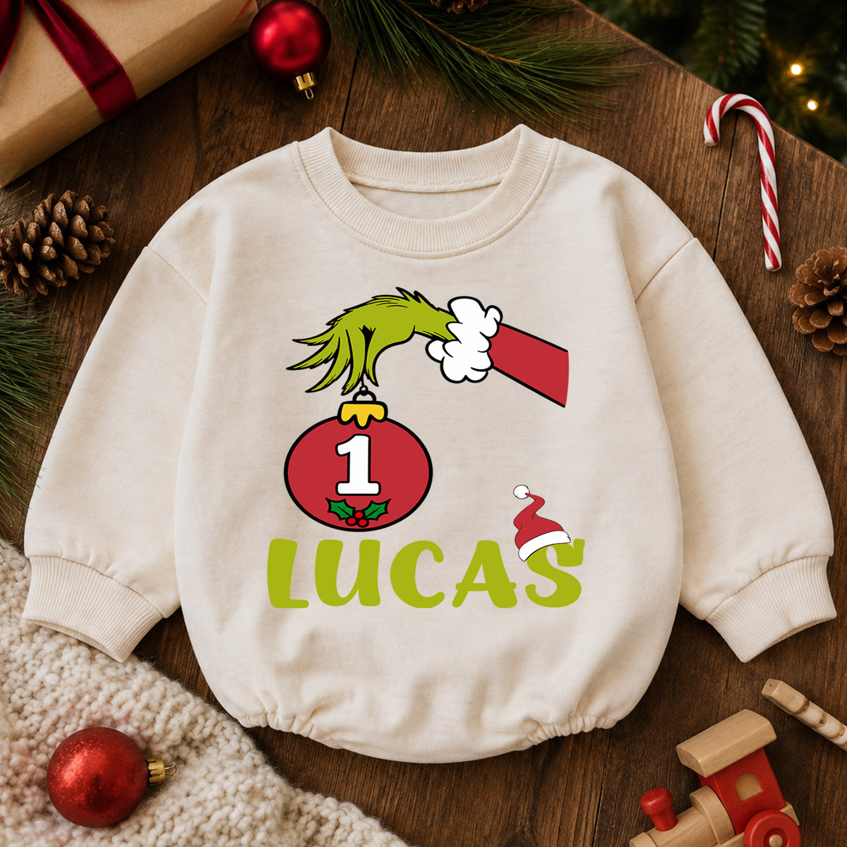 Custom Name 1st Christmas Baby Romper, Personalized Ornament Number One Holiday Outfit, My First Birthday Christmas Gift — product view 6