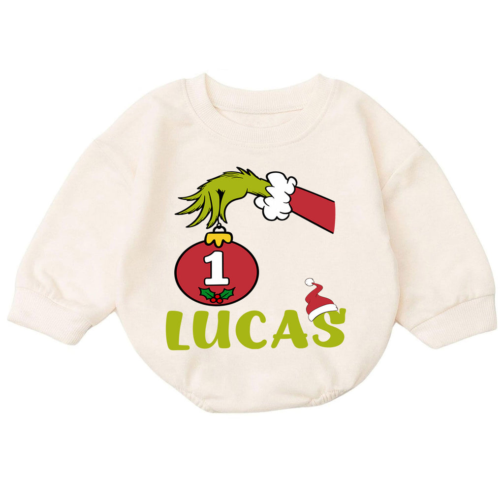 Custom Name 1st Christmas Baby Romper, Personalized Ornament Number One Holiday Outfit, My First Birthday Christmas Gift — product view 7
