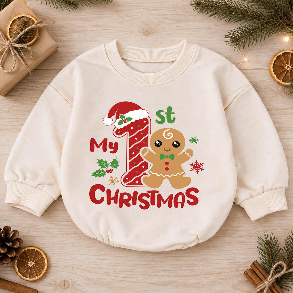 My 1st Christmas Gingerbread Baby Romper, Number One Christmas Romper, Baby First Christmas & 1st Birthday Outfit, Holiday Keepsake Gift — product view 1