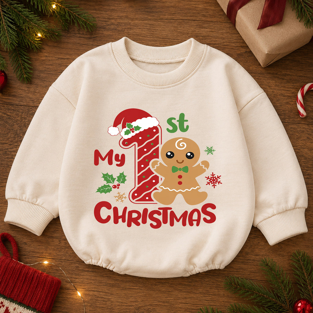 My 1st Christmas Gingerbread Baby Romper, Number One Christmas Romper, Baby First Christmas & 1st Birthday Outfit, Holiday Keepsake Gift — product view 2