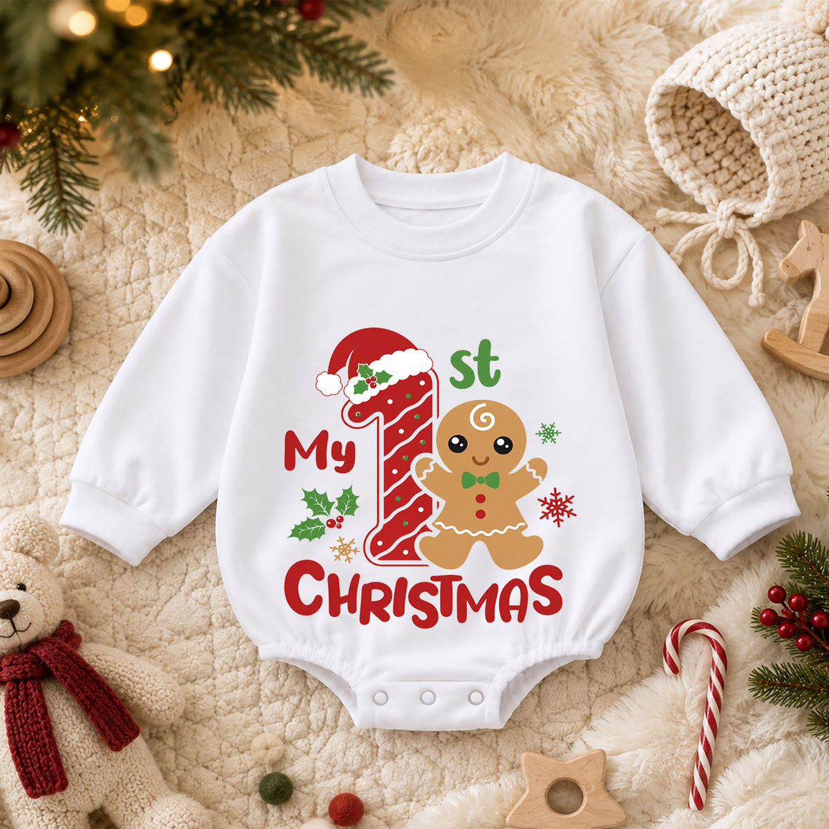 My 1st Christmas Gingerbread Baby Romper, Number One Christmas Romper, Baby First Christmas & 1st Birthday Outfit, Holiday Keepsake Gift — product view 3