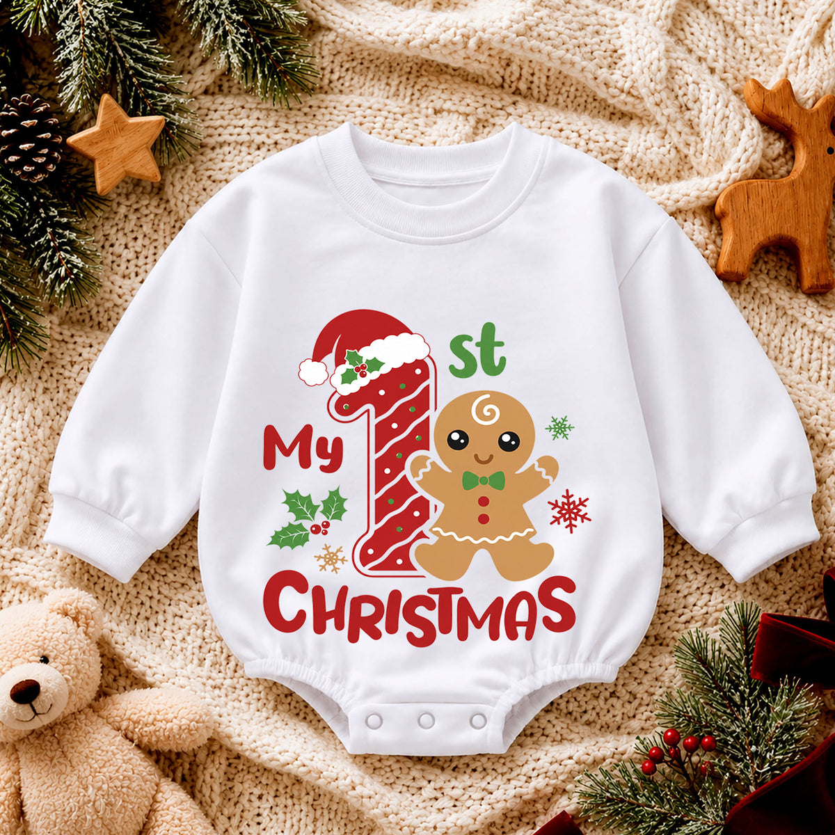 My 1st Christmas Gingerbread Baby Romper, Number One Christmas Romper, Baby First Christmas & 1st Birthday Outfit, Holiday Keepsake Gift — product view 4