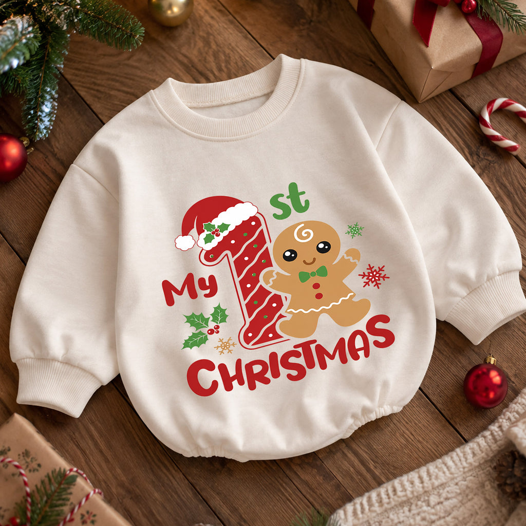 My 1st Christmas Gingerbread Baby Romper, Number One Christmas Romper, Baby First Christmas & 1st Birthday Outfit, Holiday Keepsake Gift — product view 5