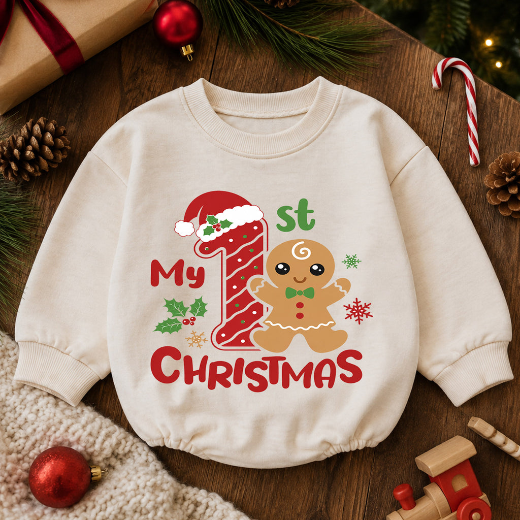 My 1st Christmas Gingerbread Baby Romper, Number One Christmas Romper, Baby First Christmas & 1st Birthday Outfit, Holiday Keepsake Gift — product view 6