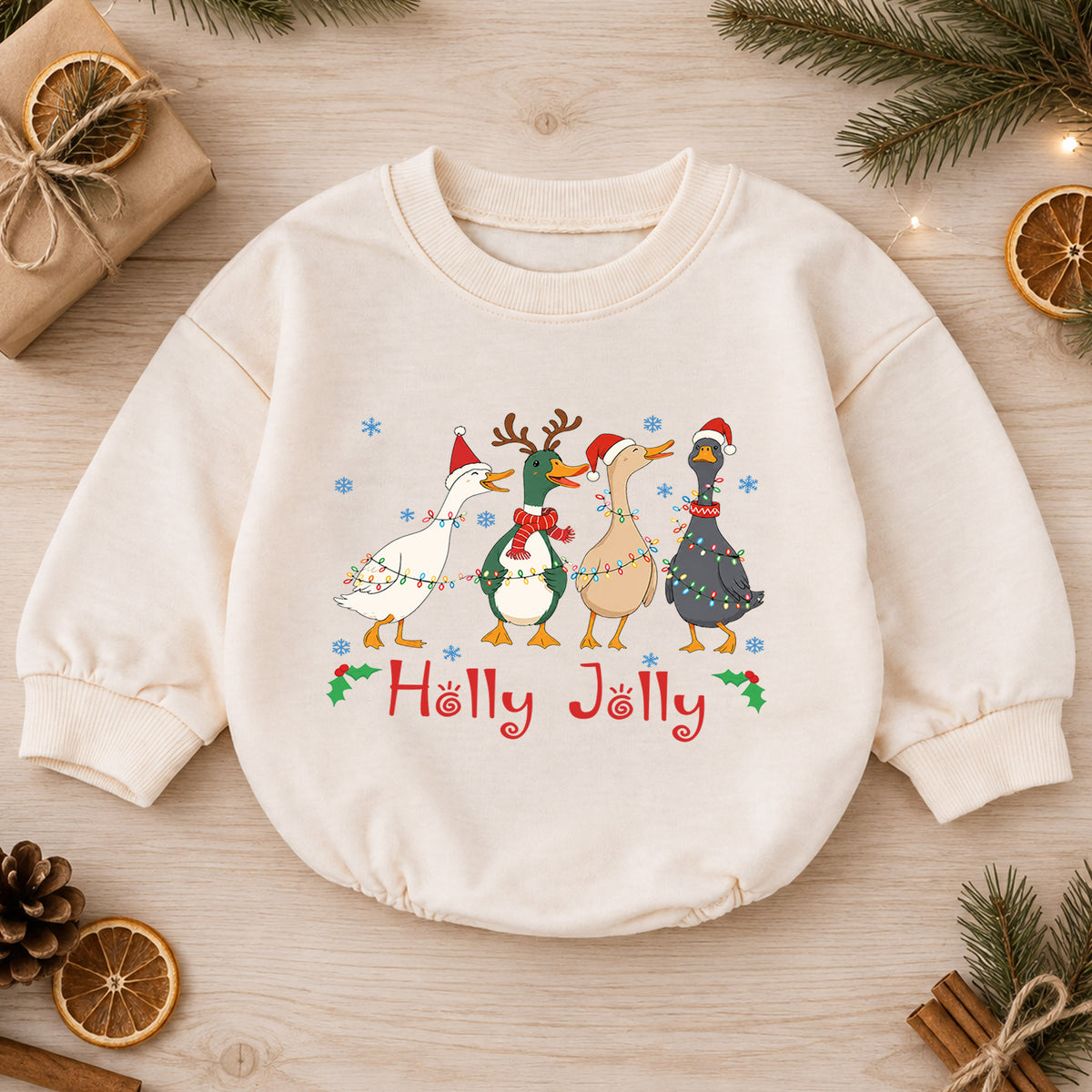Holly Jolly Christmas Goose Baby Romper, Festive Duck Goose Holiday Outfit, Cute Christmas Romper, Funny Toddler Xmas Gift — product view 1