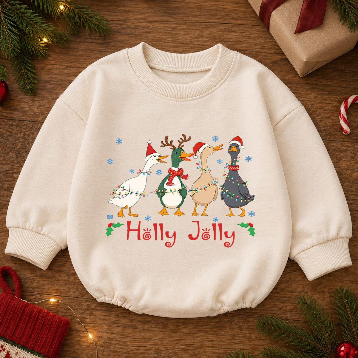 Holly Jolly Christmas Goose Baby Romper, Festive Duck Goose Holiday Outfit, Cute Christmas Romper, Funny Toddler Xmas Gift — product view 2