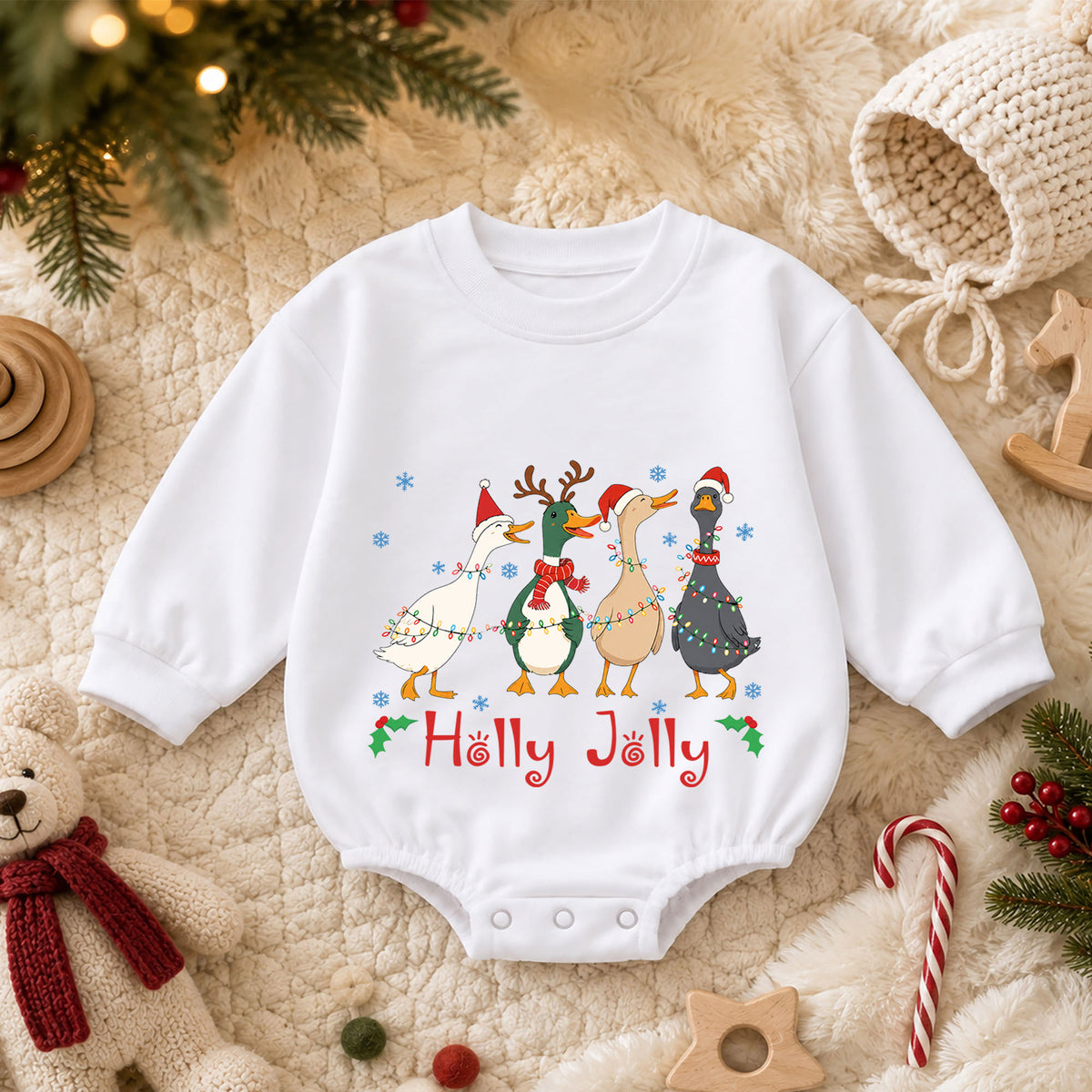 Holly Jolly Christmas Goose Baby Romper, Festive Duck Goose Holiday Outfit, Cute Christmas Romper, Funny Toddler Xmas Gift — product view 3