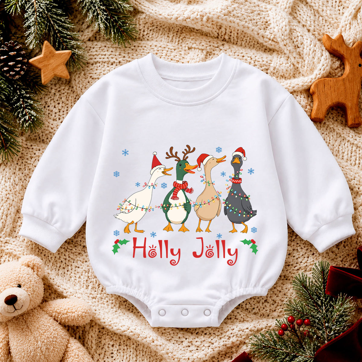 Holly Jolly Christmas Goose Baby Romper, Festive Duck Goose Holiday Outfit, Cute Christmas Romper, Funny Toddler Xmas Gift — product view 4