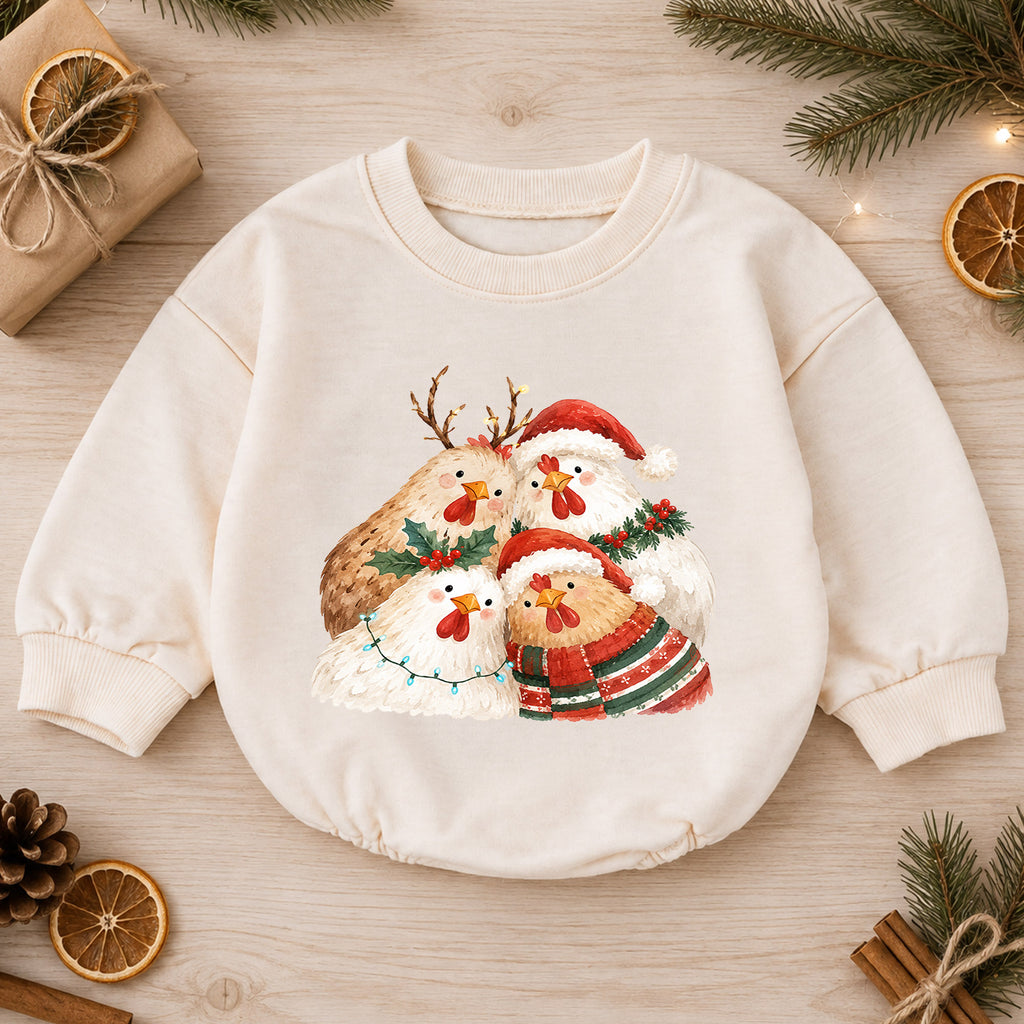 Christmas Chicken Baby Romper, Watercolor Farm Christmas Romper, Toddler 1st Birthday Holiday Outfit, Cute Xmas Gift for Farm Baby — product view 1