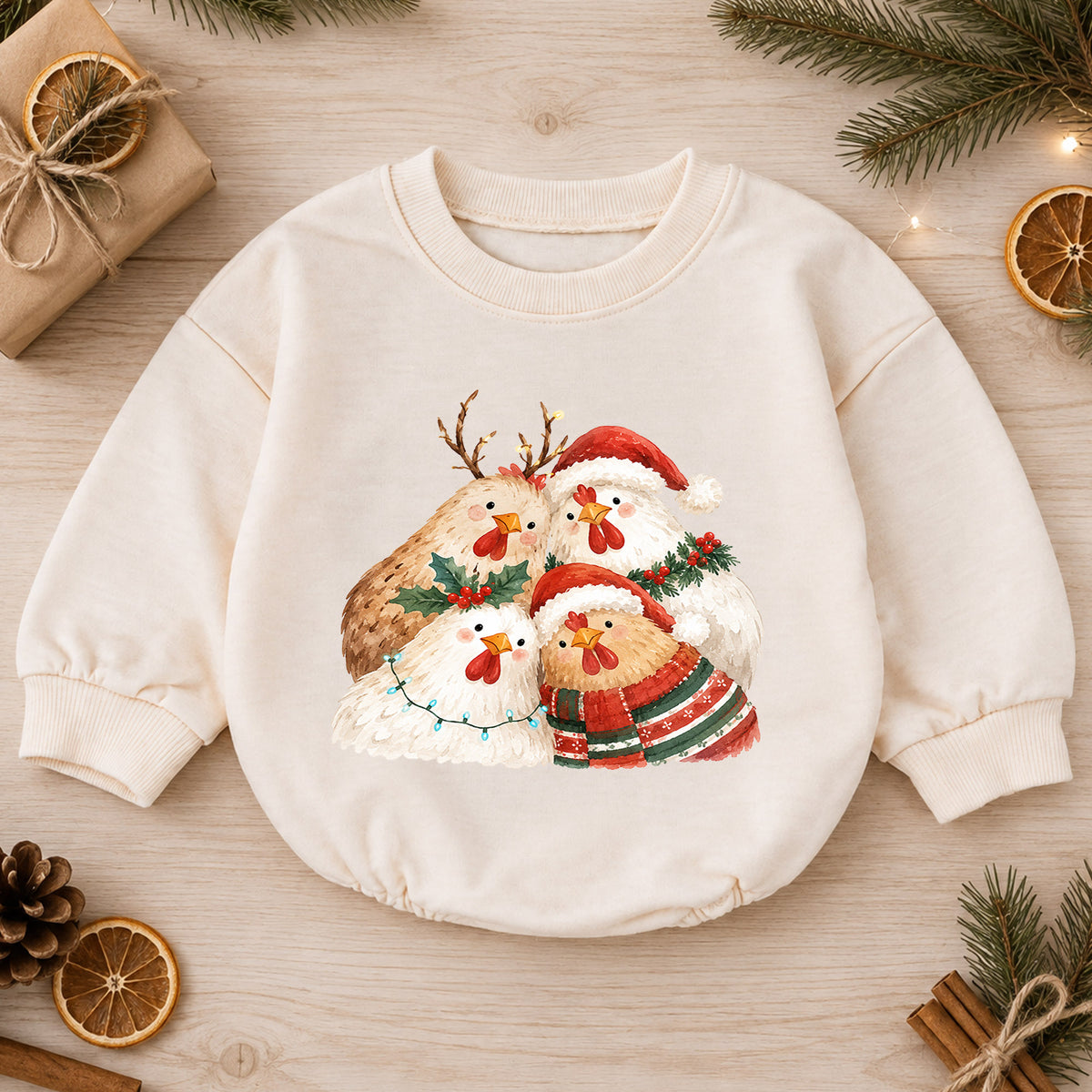 Christmas Chicken Baby Romper, Watercolor Farm Christmas Romper, Toddler 1st Birthday Holiday Outfit, Cute Xmas Gift for Farm Baby — product view 1
