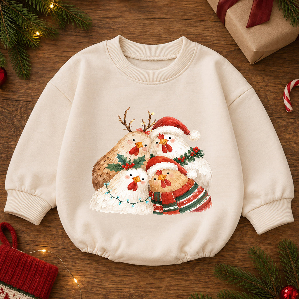 Christmas Chicken Baby Romper, Watercolor Farm Christmas Romper, Toddler 1st Birthday Holiday Outfit, Cute Xmas Gift for Farm Baby — product view 2
