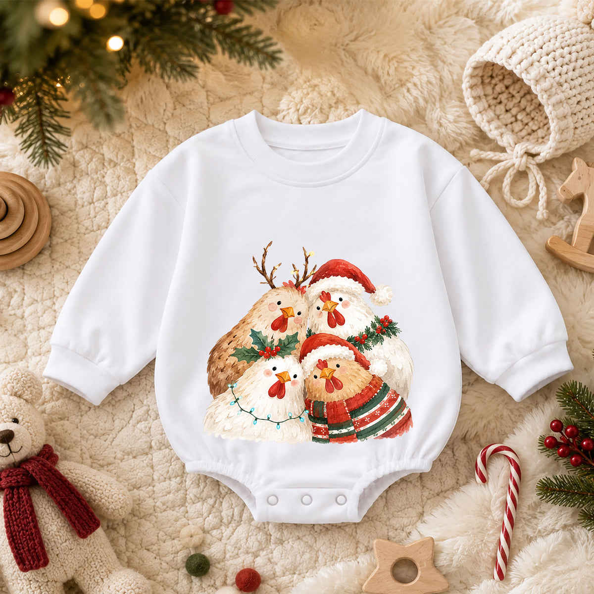 Christmas Chicken Baby Romper, Watercolor Farm Christmas Romper, Toddler 1st Birthday Holiday Outfit, Cute Xmas Gift for Farm Baby — product view 3