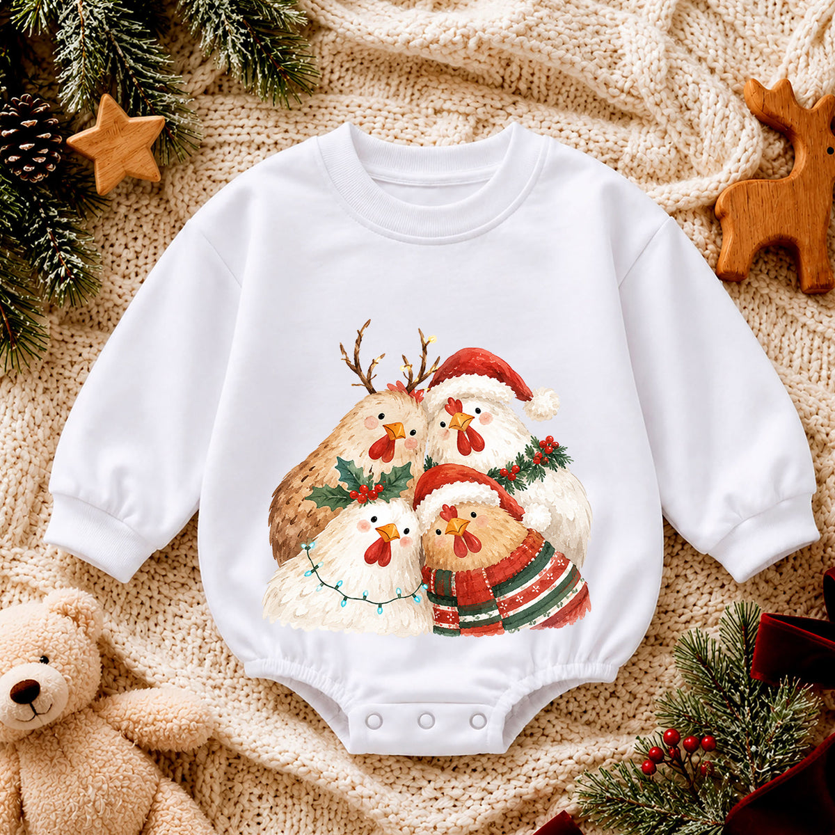 Christmas Chicken Baby Romper, Watercolor Farm Christmas Romper, Toddler 1st Birthday Holiday Outfit, Cute Xmas Gift for Farm Baby — product view 4