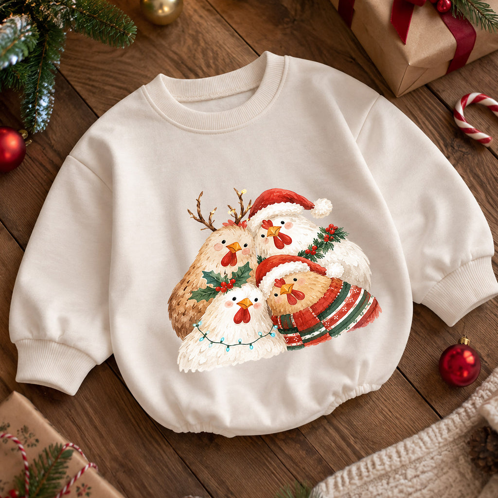 Christmas Chicken Baby Romper, Watercolor Farm Christmas Romper, Toddler 1st Birthday Holiday Outfit, Cute Xmas Gift for Farm Baby — product view 5