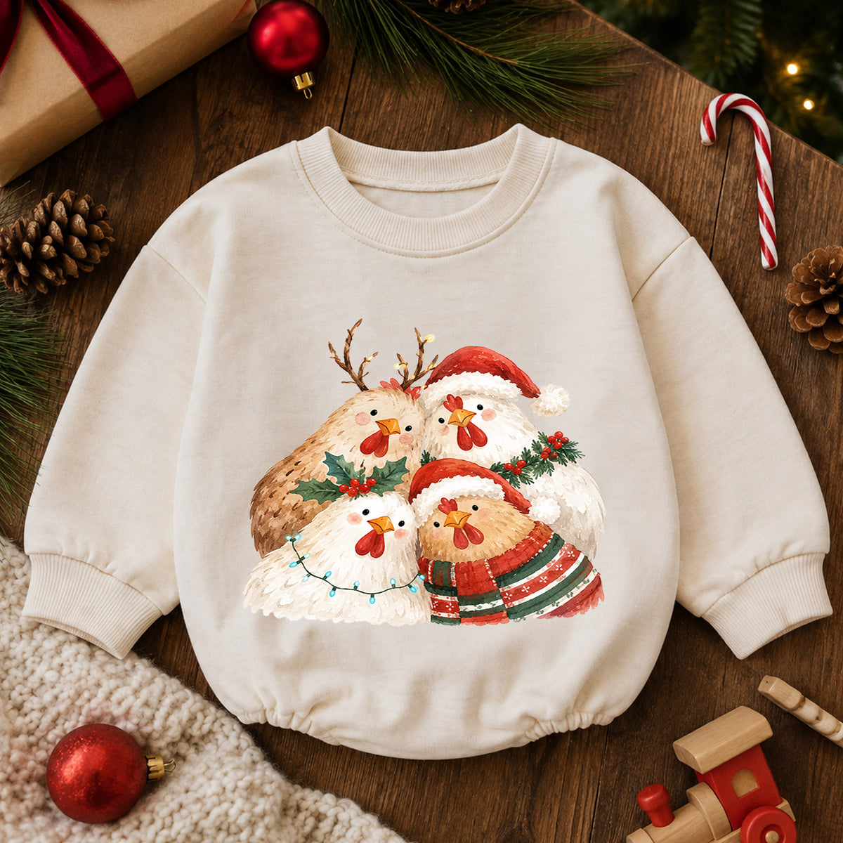 Christmas Chicken Baby Romper, Watercolor Farm Christmas Romper, Toddler 1st Birthday Holiday Outfit, Cute Xmas Gift for Farm Baby — product view 6