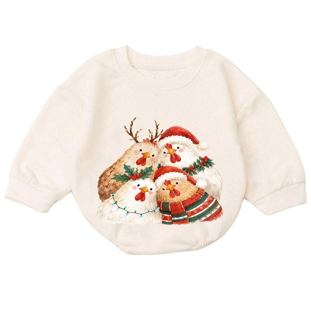 Christmas Chicken Baby Romper, Watercolor Farm Christmas Romper, Toddler 1st Birthday Holiday Outfit, Cute Xmas Gift for Farm Baby — product view 7