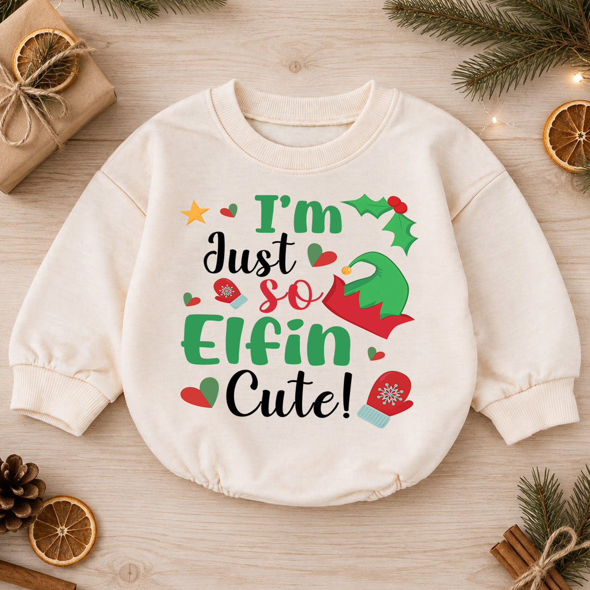 I'm Just So Elfin Cute Baby Romper, Funny Elf Christmas Romper, Toddler 1st Birthday Holiday Outfit, Cute Xmas Gift for Boys and Girls — product view 1
