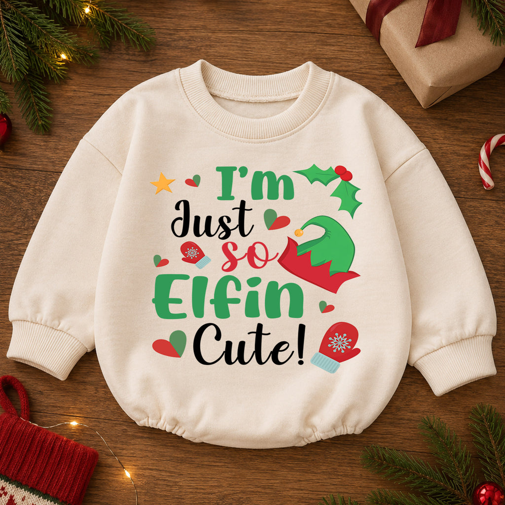 I'm Just So Elfin Cute Baby Romper, Funny Elf Christmas Romper, Toddler 1st Birthday Holiday Outfit, Cute Xmas Gift for Boys and Girls — product view 2