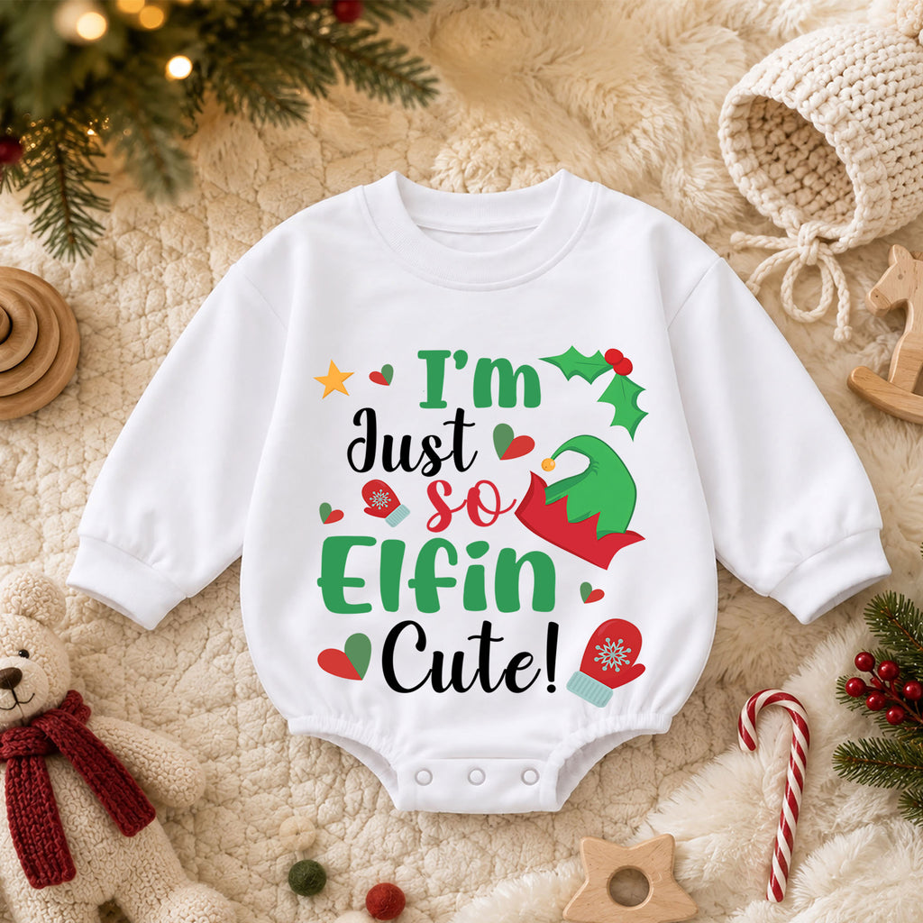 I'm Just So Elfin Cute Baby Romper, Funny Elf Christmas Romper, Toddler 1st Birthday Holiday Outfit, Cute Xmas Gift for Boys and Girls — product view 3