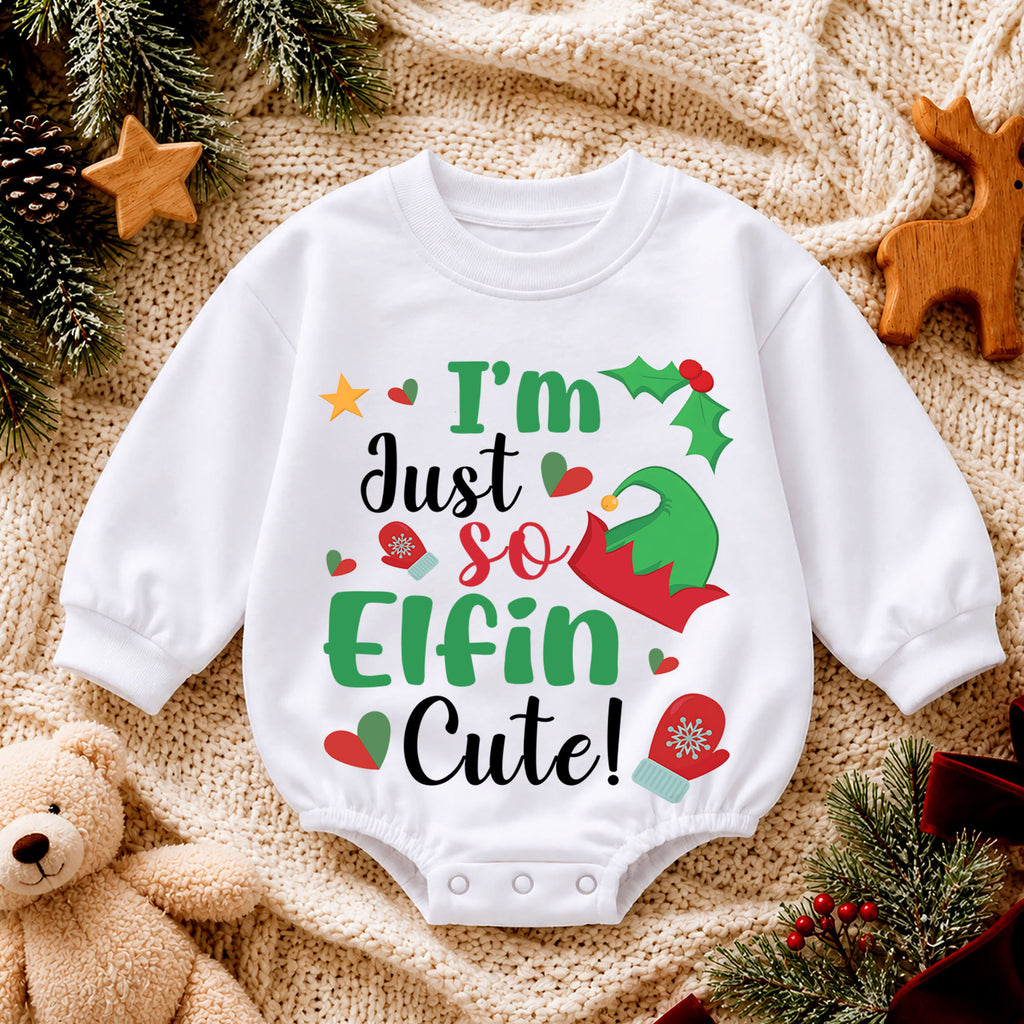 I'm Just So Elfin Cute Baby Romper, Funny Elf Christmas Romper, Toddler 1st Birthday Holiday Outfit, Cute Xmas Gift for Boys and Girls — product view 4