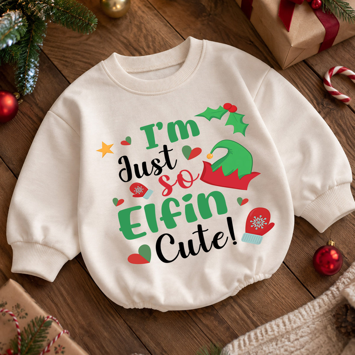 I'm Just So Elfin Cute Baby Romper, Funny Elf Christmas Romper, Toddler 1st Birthday Holiday Outfit, Cute Xmas Gift for Boys and Girls — product view 5