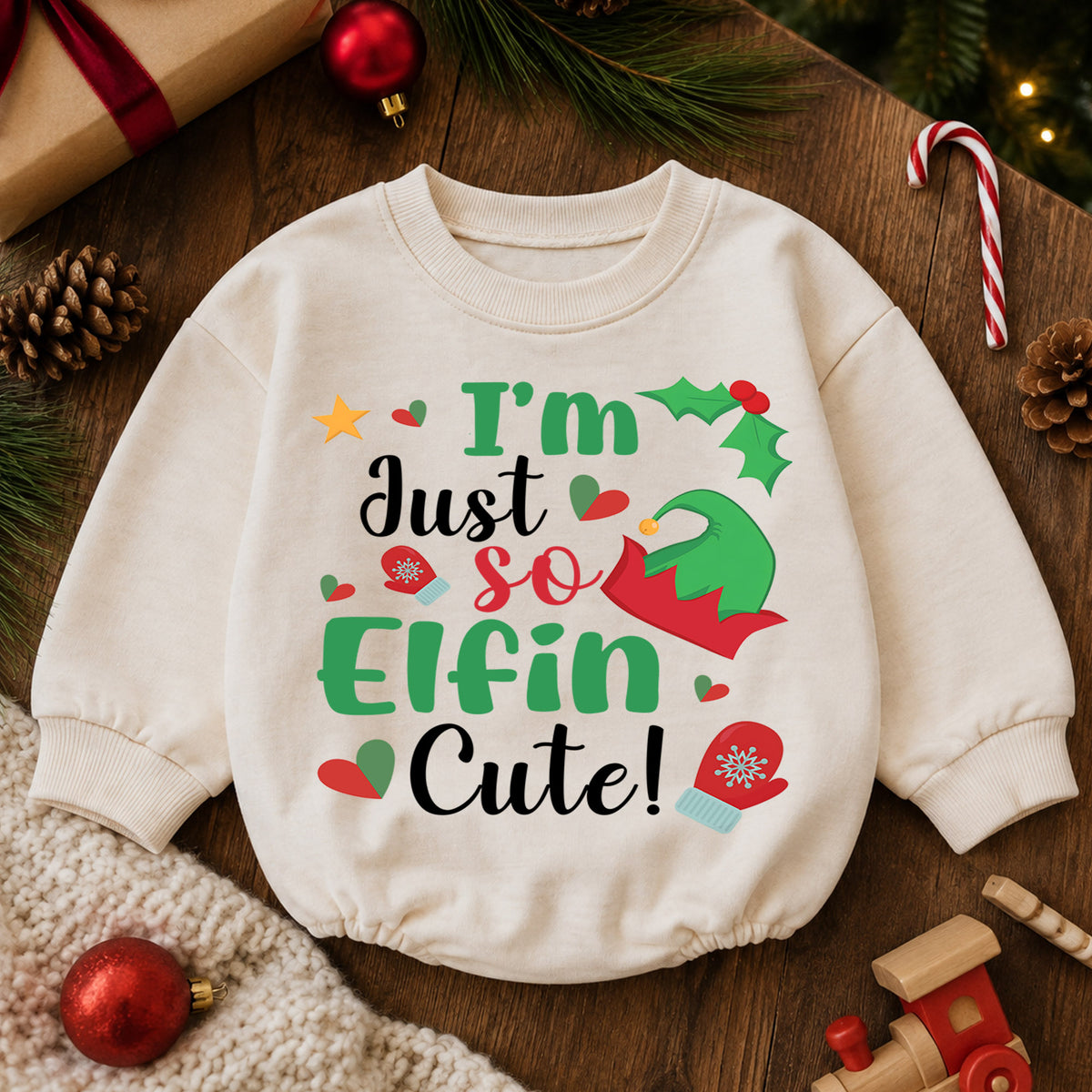 I'm Just So Elfin Cute Baby Romper, Funny Elf Christmas Romper, Toddler 1st Birthday Holiday Outfit, Cute Xmas Gift for Boys and Girls — product view 6