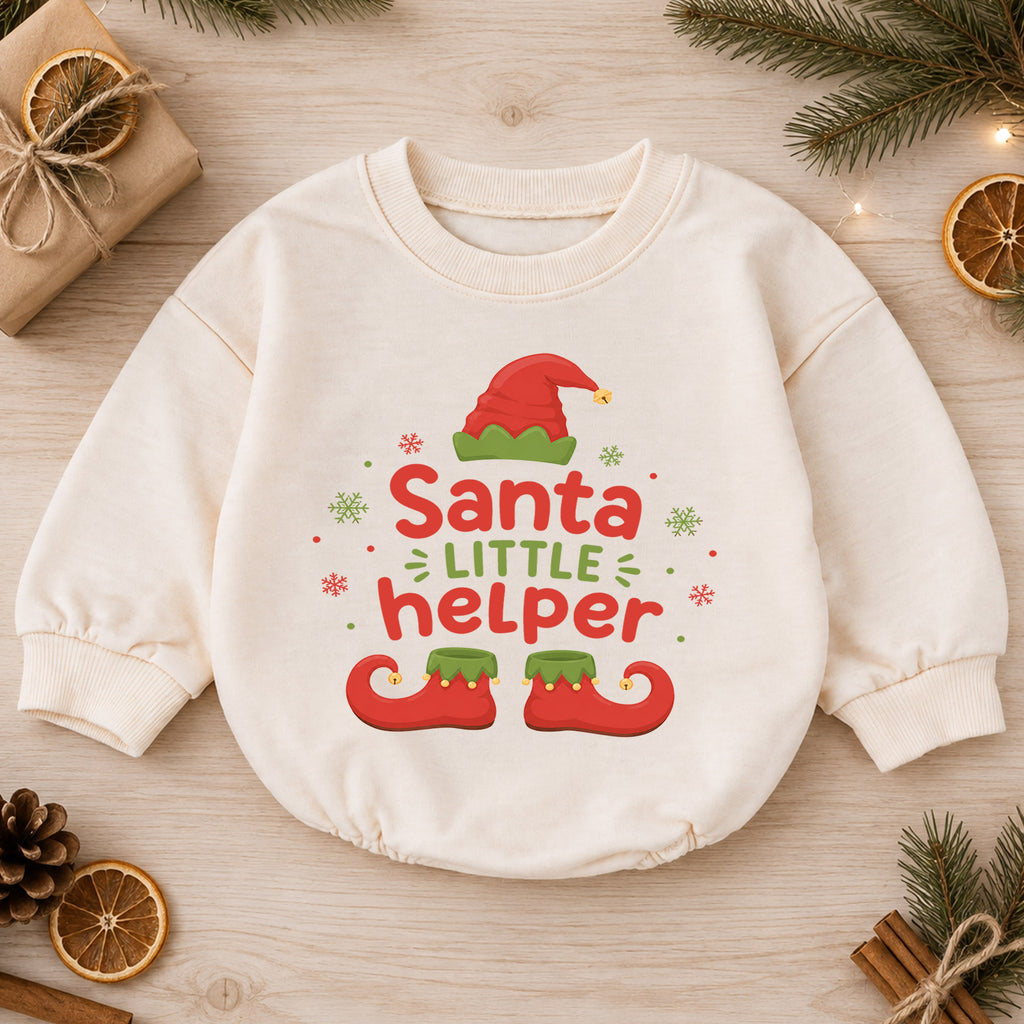Santa's Little Helper Baby Romper, Elf Christmas Romper, Toddler 1st Birthday Holiday Outfit, Cute Santa Helper Xmas Gift for Baby — product view 1