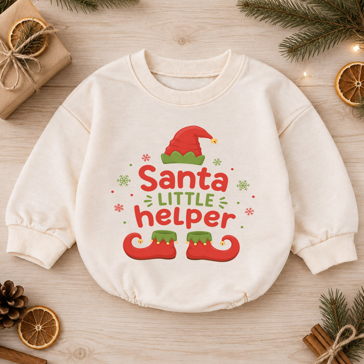 Santa's Little Helper Baby Romper, Elf Christmas Romper, Toddler 1st Birthday Holiday Outfit, Cute Santa Helper Xmas Gift for Baby — product view 1
