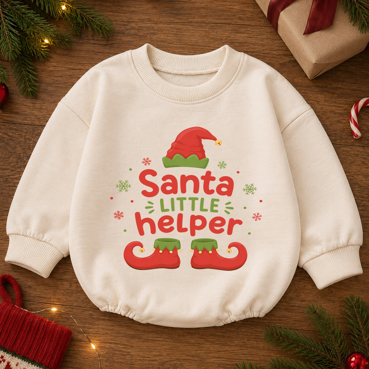 Santa's Little Helper Baby Romper, Elf Christmas Romper, Toddler 1st Birthday Holiday Outfit, Cute Santa Helper Xmas Gift for Baby — product view 2