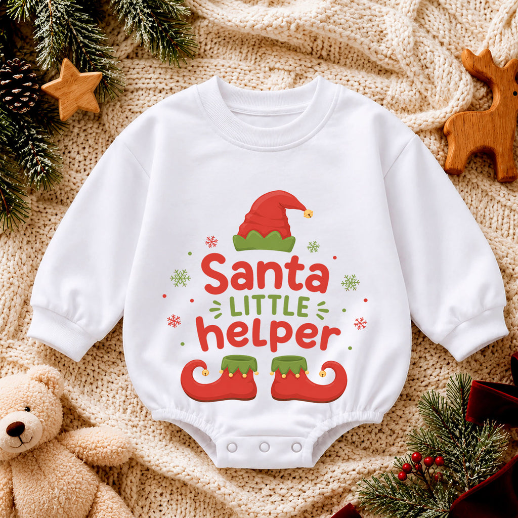 Santa's Little Helper Baby Romper, Elf Christmas Romper, Toddler 1st Birthday Holiday Outfit, Cute Santa Helper Xmas Gift for Baby — product view 4
