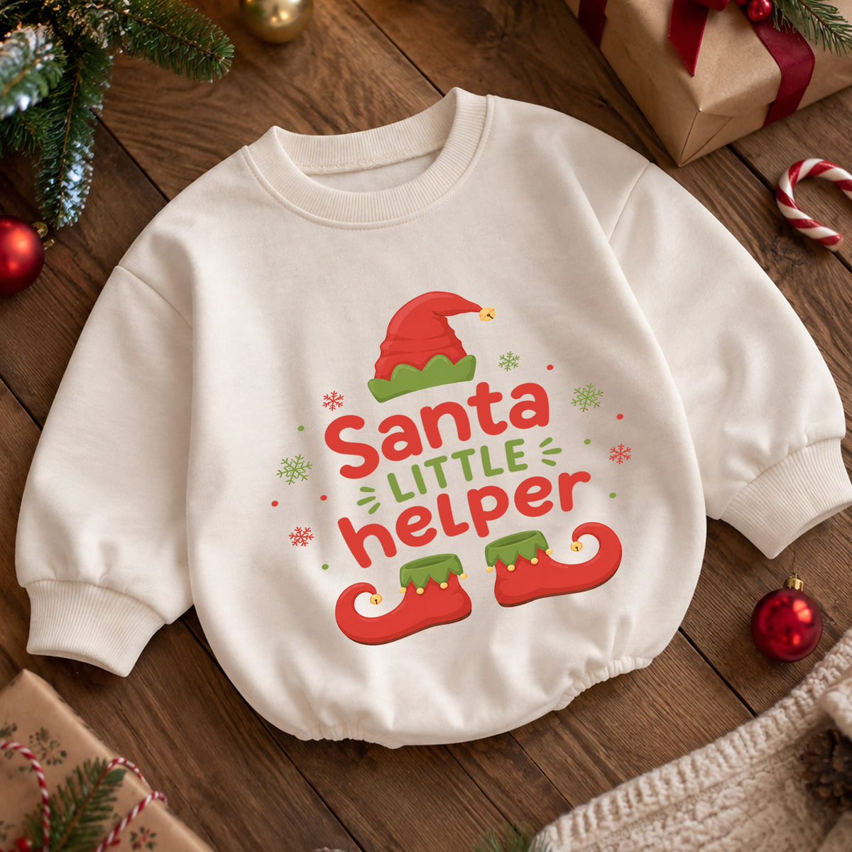 Santa's Little Helper Baby Romper, Elf Christmas Romper, Toddler 1st Birthday Holiday Outfit, Cute Santa Helper Xmas Gift for Baby — product view 5