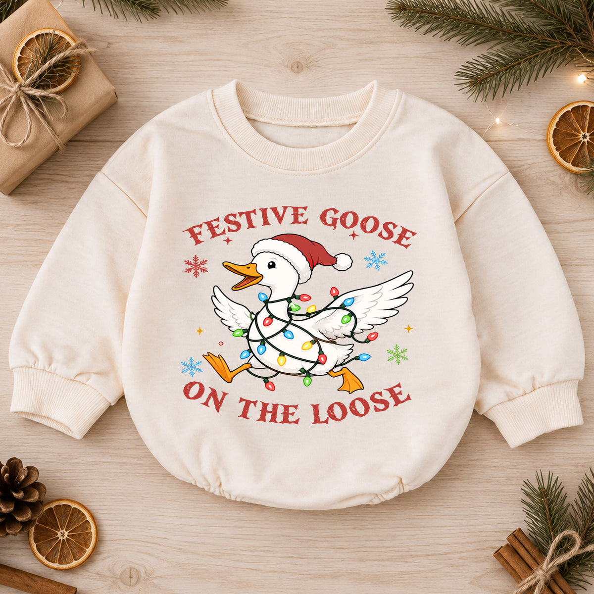 Christmas Goose Baby Romper, Funny Holiday Goose Outfit, Cute Toddler Xmas Gift, Festive Goose on the Loose — product view 1