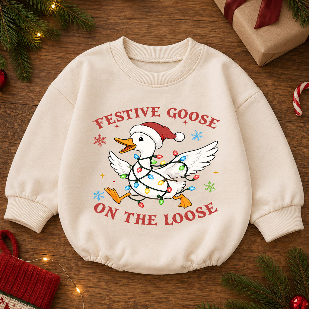 Christmas Goose Baby Romper, Funny Holiday Goose Outfit, Cute Toddler Xmas Gift, Festive Goose on the Loose — product view 2