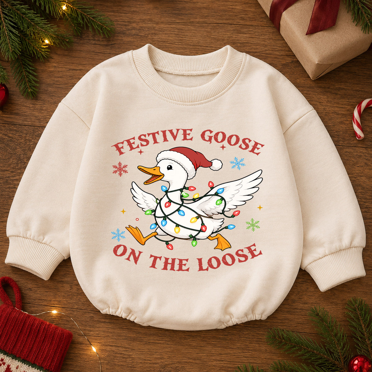 Christmas Goose Baby Romper, Funny Holiday Goose Outfit, Cute Toddler Xmas Gift, Festive Goose on the Loose — product view 2