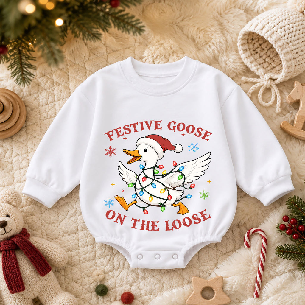 Christmas Goose Baby Romper, Funny Holiday Goose Outfit, Cute Toddler Xmas Gift, Festive Goose on the Loose — product view 3