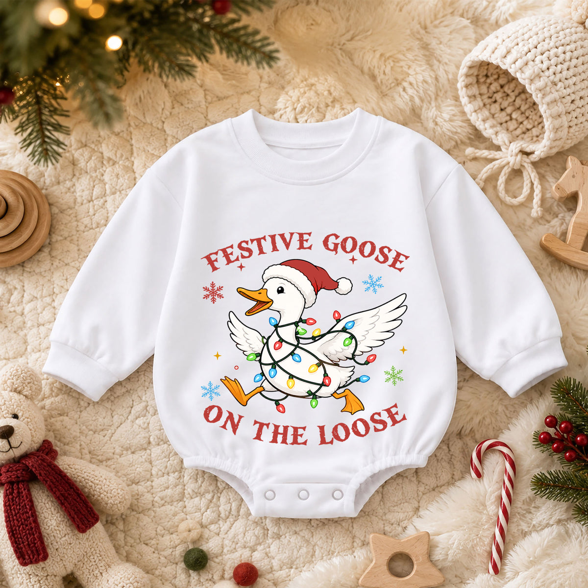 Christmas Goose Baby Romper, Funny Holiday Goose Outfit, Cute Toddler Xmas Gift, Festive Goose on the Loose — product view 3