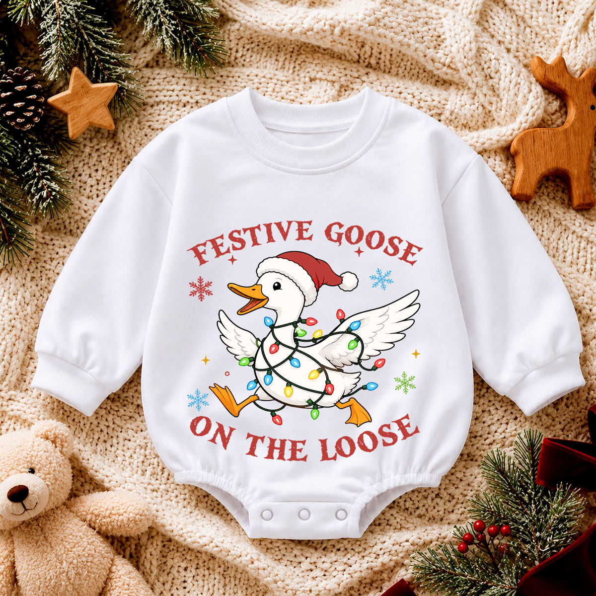 Christmas Goose Baby Romper, Funny Holiday Goose Outfit, Cute Toddler Xmas Gift, Festive Goose on the Loose — product view 4