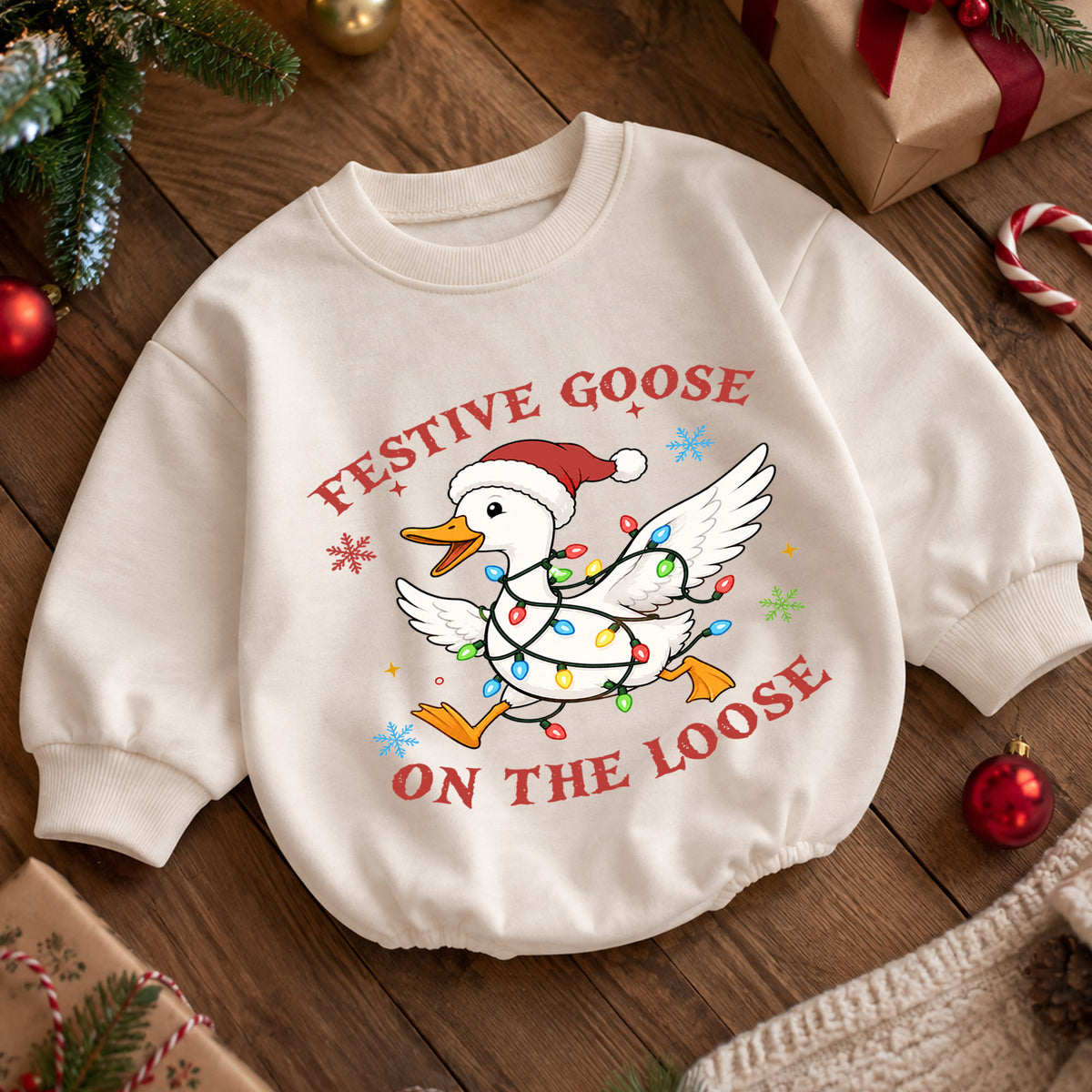 Christmas Goose Baby Romper, Funny Holiday Goose Outfit, Cute Toddler Xmas Gift, Festive Goose on the Loose — product view 5