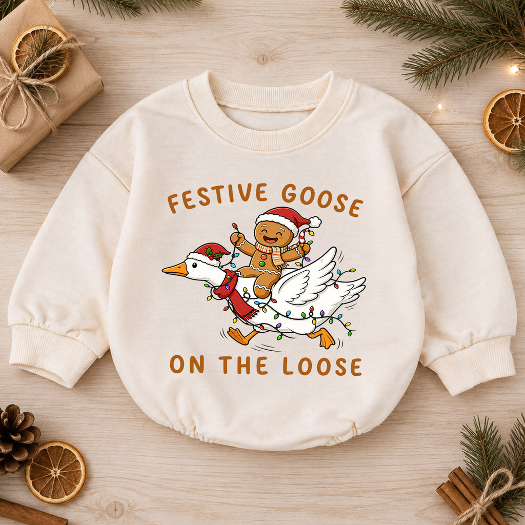Christmas Goose Baby Romper, Gingerbread Holiday Outfit, Funny Toddler Xmas Romper, Festive Goose on the Loose — product view 1