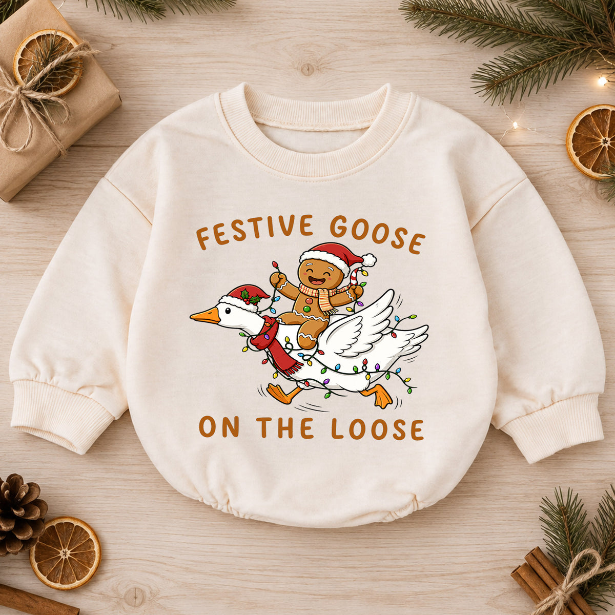 Christmas Goose Baby Romper, Gingerbread Holiday Outfit, Funny Toddler Xmas Romper, Festive Goose on the Loose — product view 1