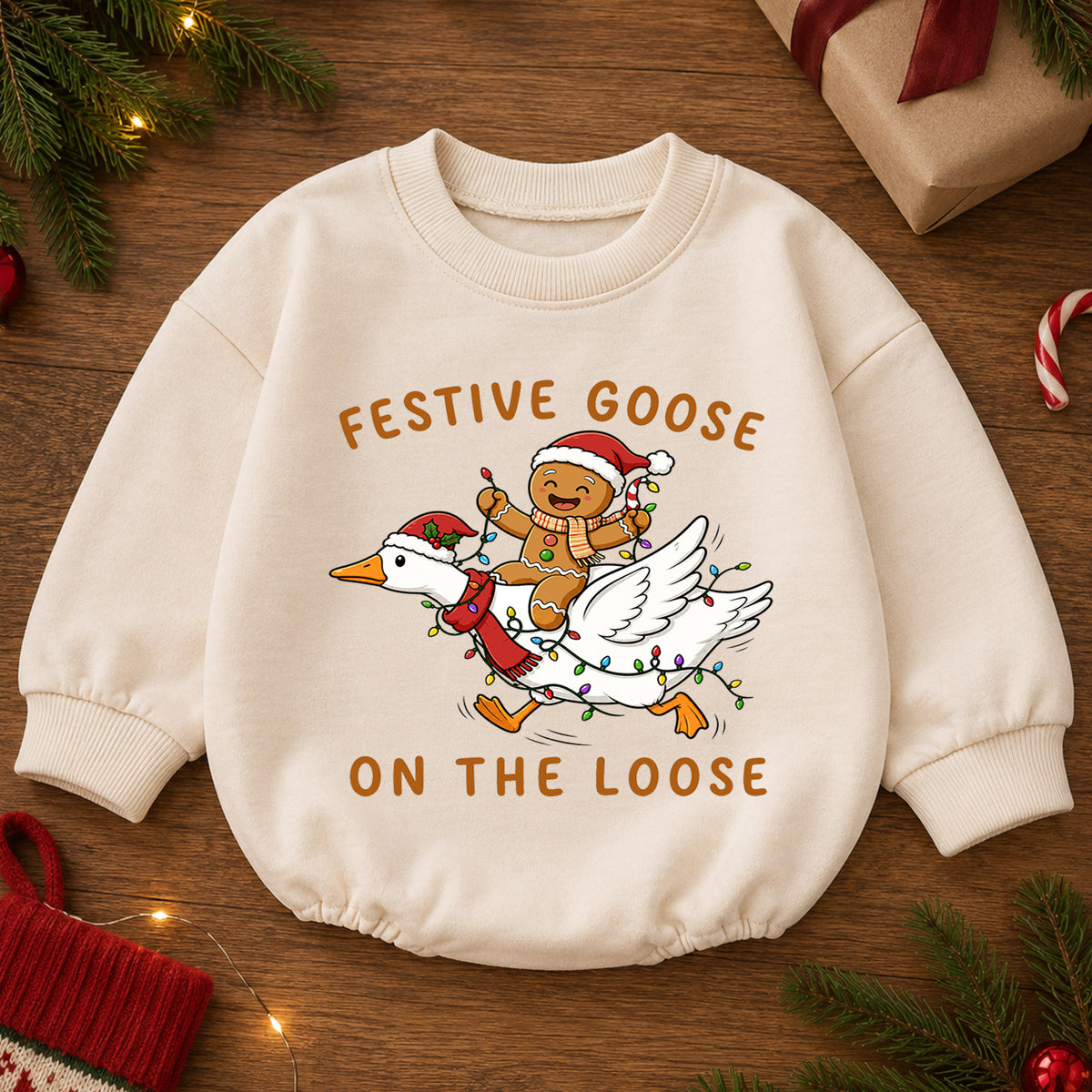 Christmas Goose Baby Romper, Gingerbread Holiday Outfit, Funny Toddler Xmas Romper, Festive Goose on the Loose — product view 2