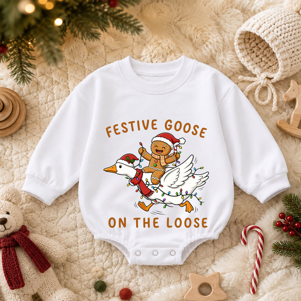 Christmas Goose Baby Romper, Gingerbread Holiday Outfit, Funny Toddler Xmas Romper, Festive Goose on the Loose — product view 3