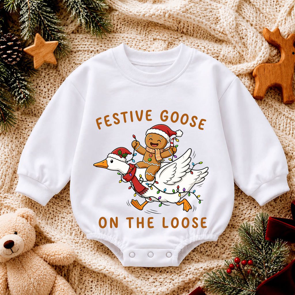 Christmas Goose Baby Romper, Gingerbread Holiday Outfit, Funny Toddler Xmas Romper, Festive Goose on the Loose — product view 4