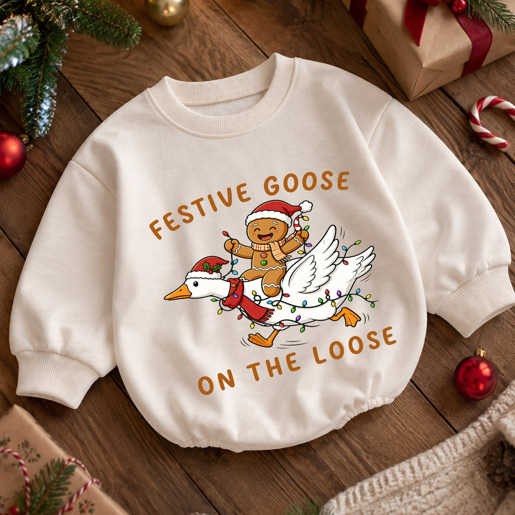 Christmas Goose Baby Romper, Gingerbread Holiday Outfit, Funny Toddler Xmas Romper, Festive Goose on the Loose — product view 5