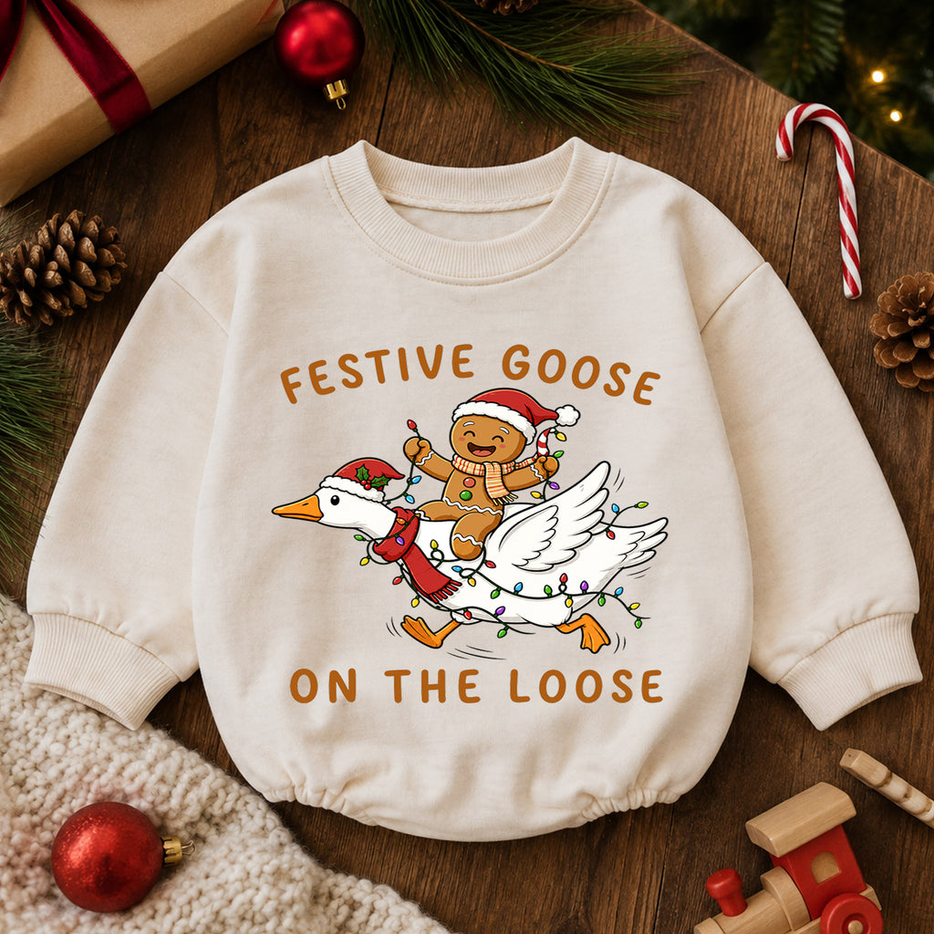 Christmas Goose Baby Romper, Gingerbread Holiday Outfit, Funny Toddler Xmas Romper, Festive Goose on the Loose — product view 6